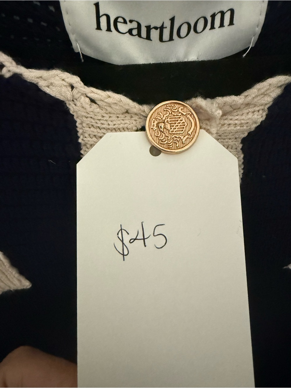 heartloom Navy & Cream Knit tweed Cardigan Sweater size medium - Picture 6 of 7